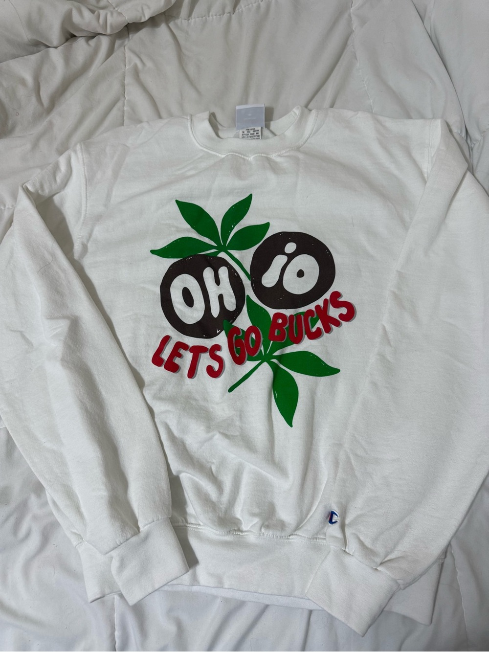 Champion White Crewneck Sweatshirt with Green & Red Graphic